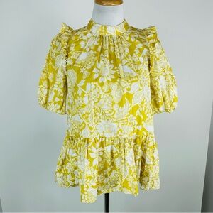 ZARA Yellow White Floral Cotton Poplin Ruffle Top Size Small